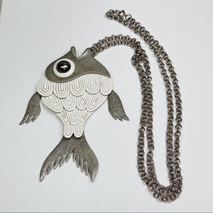 Huge Vintage Silver & White Fish Pendant Necklace